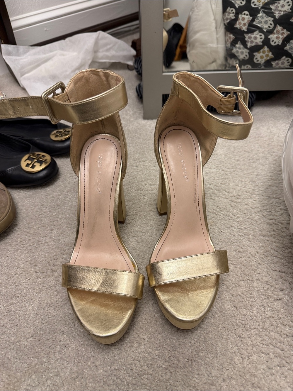 Gold Ankle-Strap Block Heel Sandals - Women